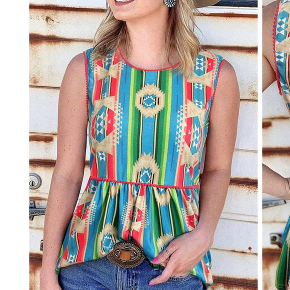 Crazy Train Tops - Crazy Train Aztec Ruffled Tank Colorful Striped Geometric Top